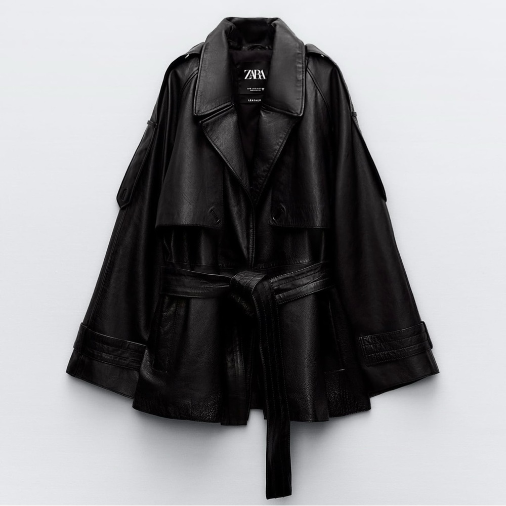 Zara Black Oversized Leather Trench Coat with Belt - Picture 6 of 10